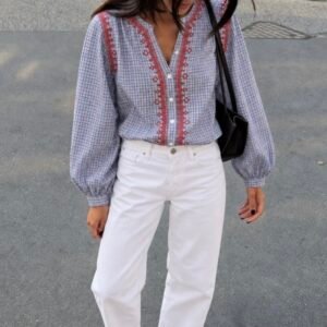 Blusa Cuadros Bordado Azul